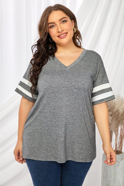 Plus Size Striped V-Neck Tee Shirt - Fashion Finder Hub