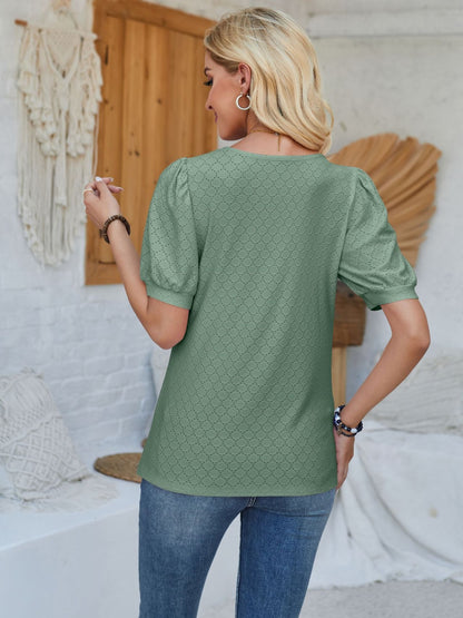 Eyelet Asymmetrical Neck Short Sleeve T-Shirt - Fashion Finder Hub