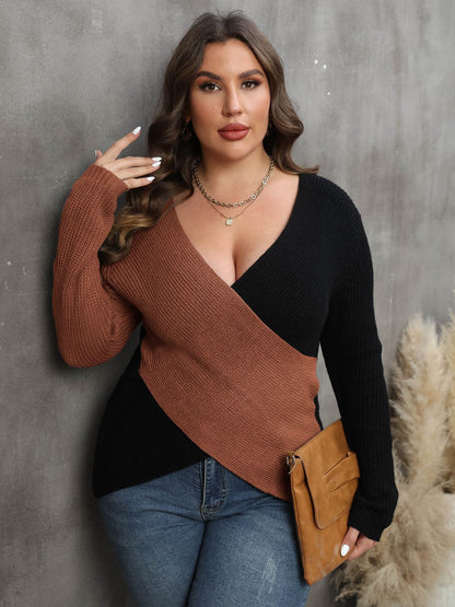 Plus Size Two-Tone Surplice Neck Sweater - Fashion Finder Hub