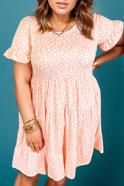 Plus Size Printed Round Neck Flounce Sleeve Mini Dress - Fashion Finder Hub