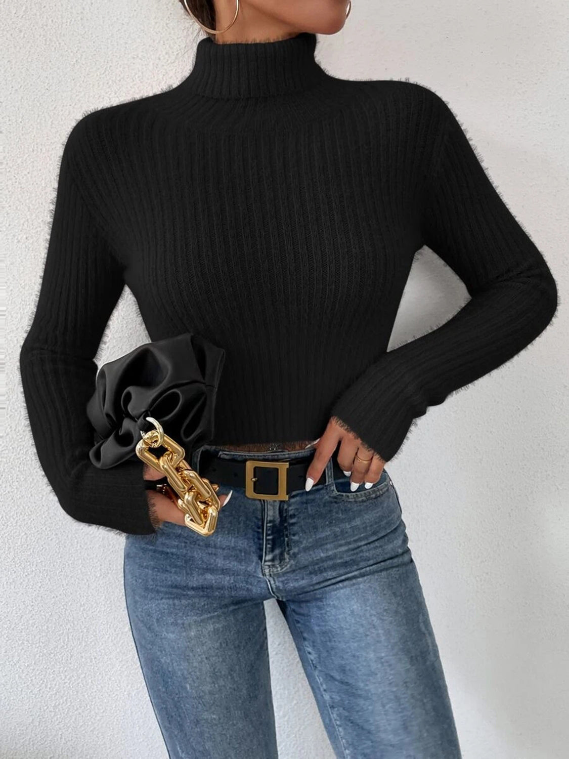 Ribbed Turtleneck Long Sleeve Sweater - Fashion Finder Hub