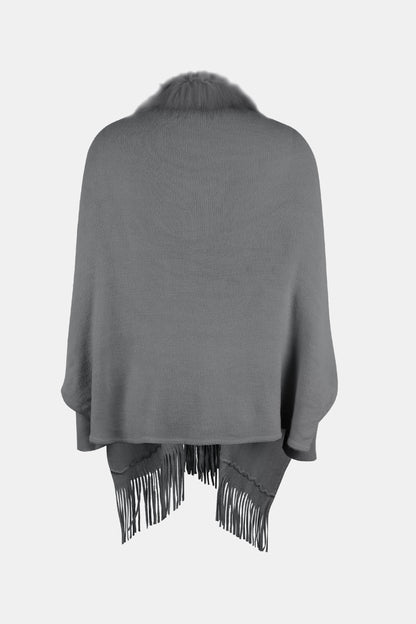 Fringe Open Front Long Sleeve Poncho - Fashion Finder Hub