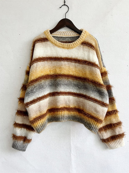 Striped Round Neck Long Sleeve Sweater - Fashion Finder Hub
