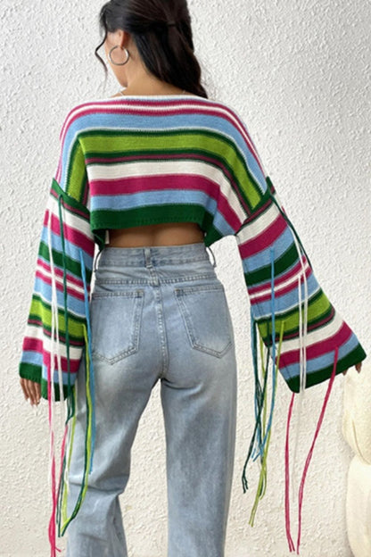Fringe Striped Round Neck Knit Top - Fashion Finder Hub