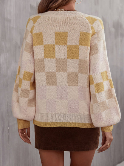 Checkered V-Neck Lantern Sleeve Sweater - Fashion Finder Hub