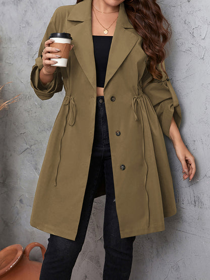 Plus Size Lapel Collar Drawstring Roll-Tab Sleeve Trench Coat - Fashion Finder Hub