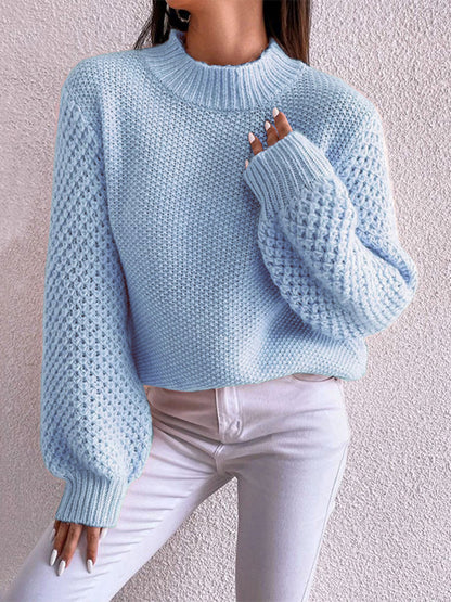 Openwork Mock Neck Long Sleeve Sweater - Fashion Finder Hub