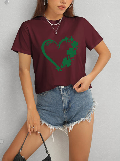Heart Lucky Clover Round Neck Short Sleeve T-Shirt - Fashion Finder Hub