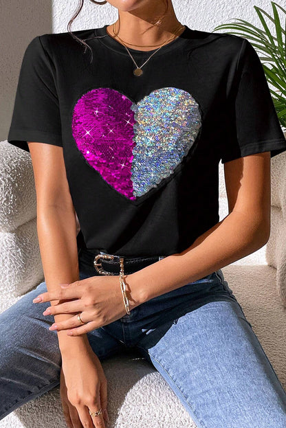 Heart Sequin Round Neck Short Sleeve T-Shirt - Fashion Finder Hub