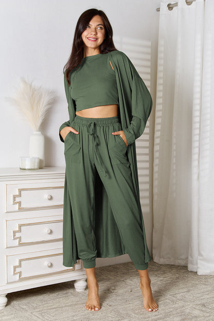 Tank, Pants, and Cardigan Set with Pockets - Fashion Finder Hub