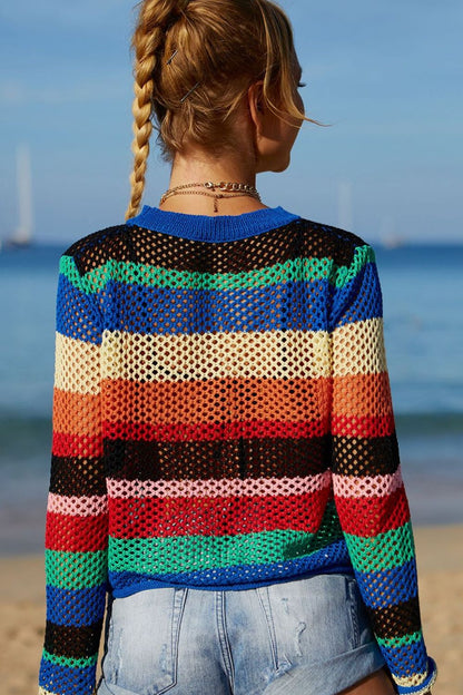 Rainbow Stripe Openwork Long Sleeve Cover-Up - Fashion Finder Hub