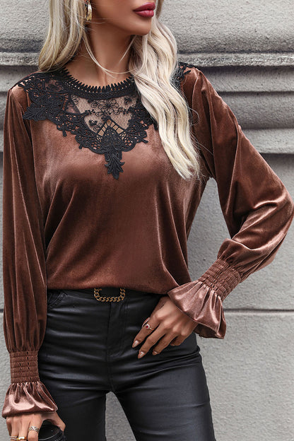 Lace Detail Round Neck Smocked Flounce Sleeve Blouse - Fashion Finder Hub