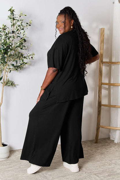 Double Take Full Size Round Neck Slit Top and Pants Set - Fashion Finder Hub