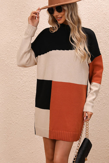 Color Block Mock Neck Dropped Shoulder Sweater Dress - Fashion Finder Hub