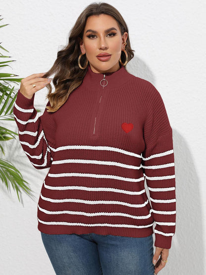 Plus Size Zip-Up Striped Sweater - Fashion Finder Hub