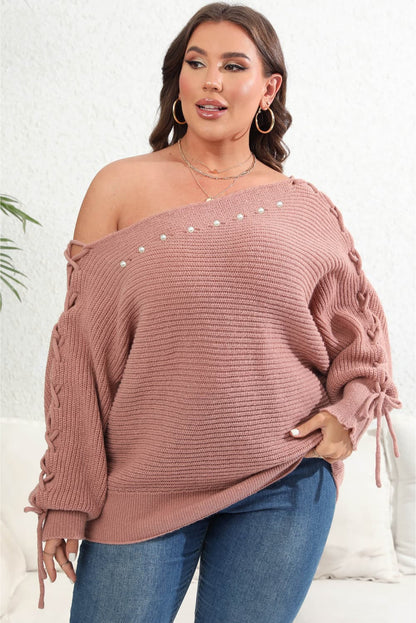 Plus Size One Shoulder Beaded Sweater - Fashion Finder Hub