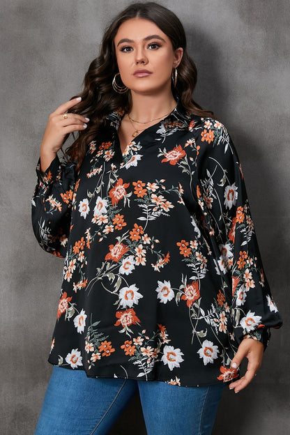 Plus Size Printed Johnny Collar Long Sleeve Blouse - Fashion Finder Hub