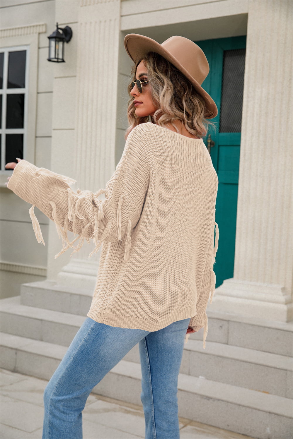 Angel Wings Ribbed Round Neck Fringe Detail Sweater