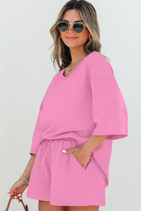 Bonbon Solid Loose V Neck Half Sleeve Tee and Shorts