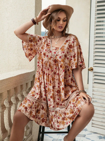 Plus Size Floral Crochet Flutter Sleeve Dress - Fashion Finder Hub