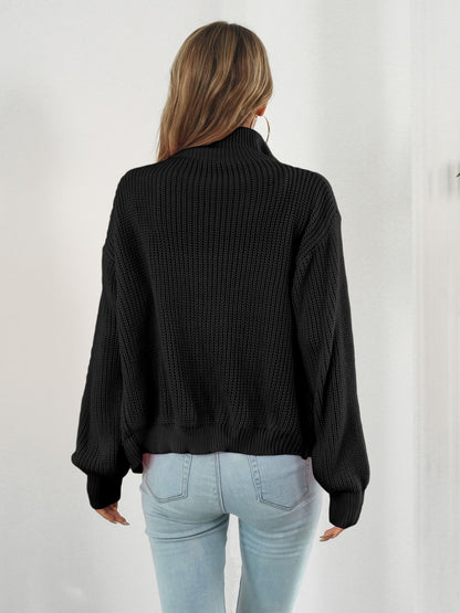 Turtleneck Zip Up Long Sleeve Knit Top - Fashion Finder Hub