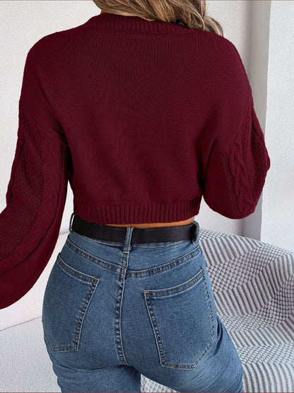 Cable-Knit Round Neck Cropped Sweater - Fashion Finder Hub