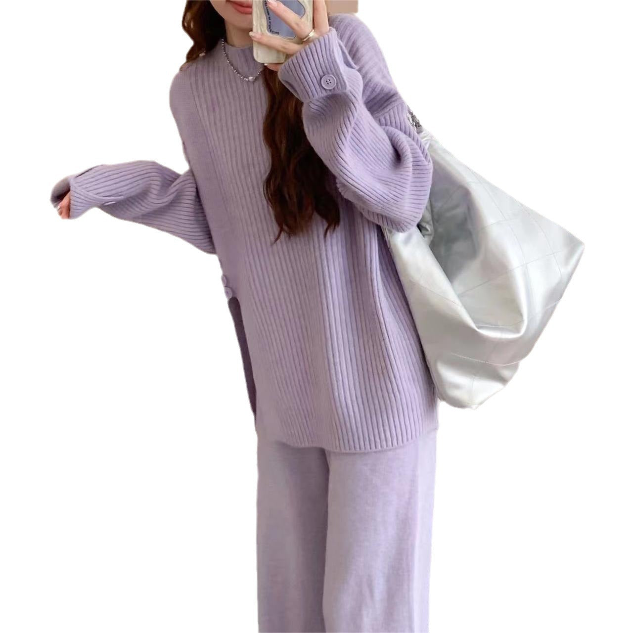 Casual Sports Style Suit Design Sense Slit Knitted Sweater Wide Leg Pants Two-piece Set