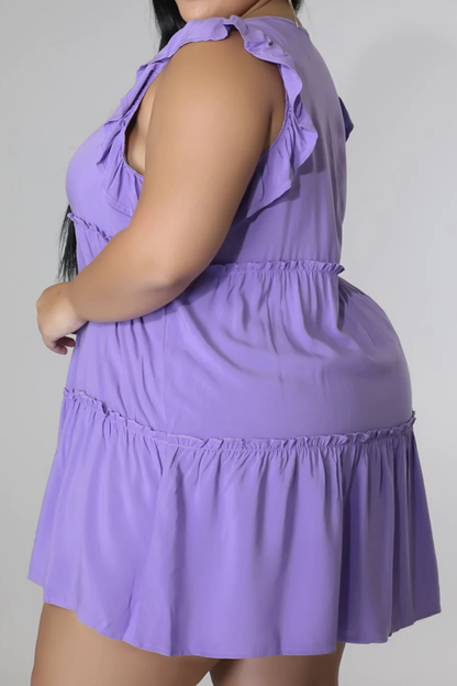 Plus Size V-Neck Frill Trim Mini Dress - Fashion Finder Hub