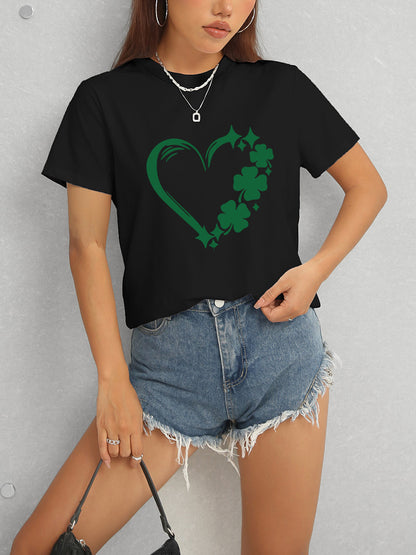 Heart Lucky Clover Round Neck Short Sleeve T-Shirt - Fashion Finder Hub