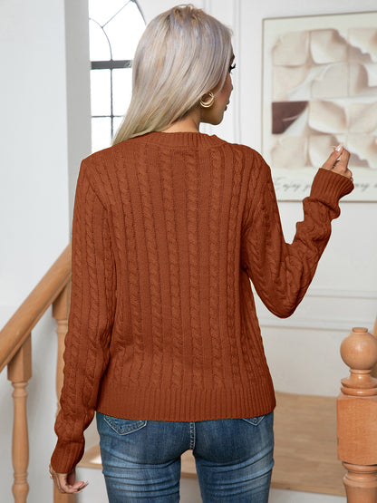 Cable-Knit Round Neck Long Sleeve Sweater - Fashion Finder Hub