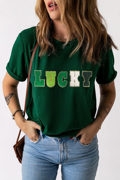 LUCKY Round Neck Short Sleeve T-Shirt - Fashion Finder Hub
