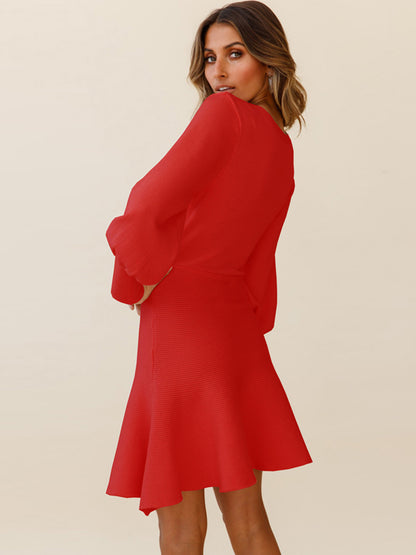 Round Neck Lantern Sleeve Sweater Dress - Fashion Finder Hub