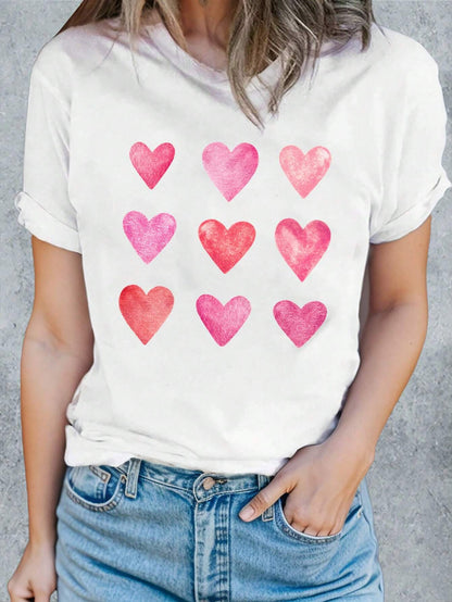 Heart Round Neck Short Sleeve T-Shirt - Fashion Finder Hub
