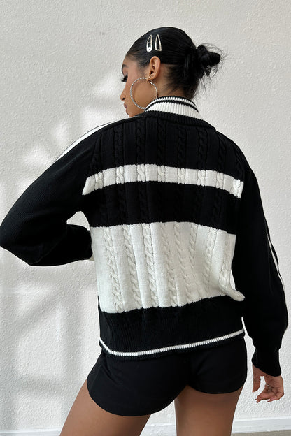 Cable-Knit Color Block Raglan Sleeve Cardigan - Fashion Finder Hub