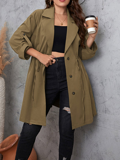 Plus Size Lapel Collar Drawstring Roll-Tab Sleeve Trench Coat - Fashion Finder Hub