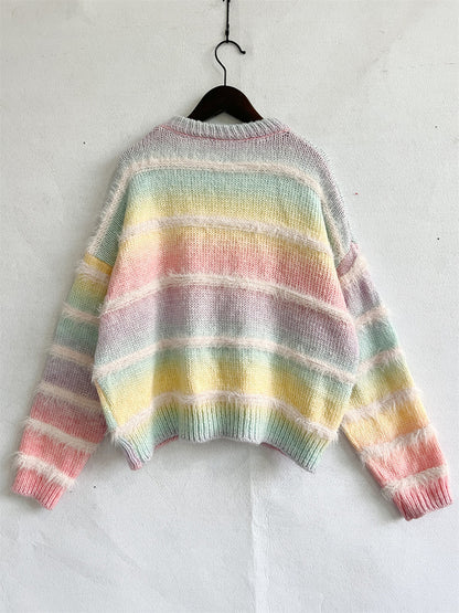Striped Round Neck Long Sleeve Sweater - Fashion Finder Hub