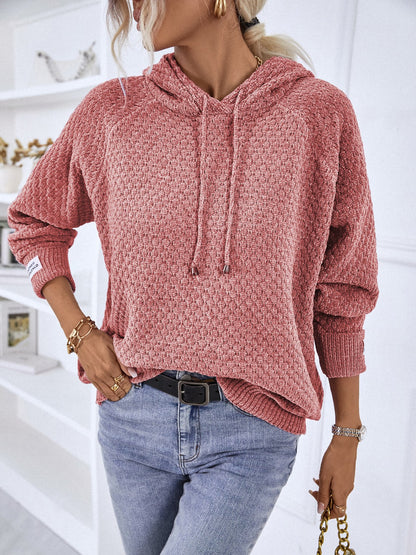 Texture Drawstring Long Sleeve Hooded Sweater - Fashion Finder Hub