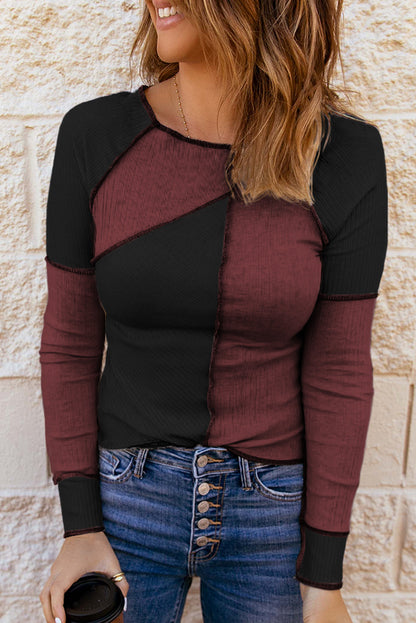 Color Block Round Neck Long Sleeve T-Shirt - Fashion Finder Hub