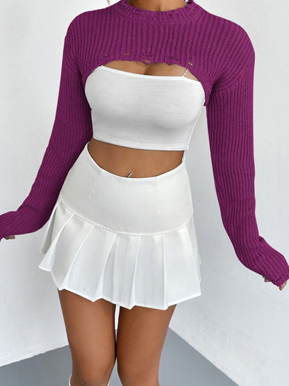 Distressed Long Sleeve Cropped Sweater - Fashion Finder Hub