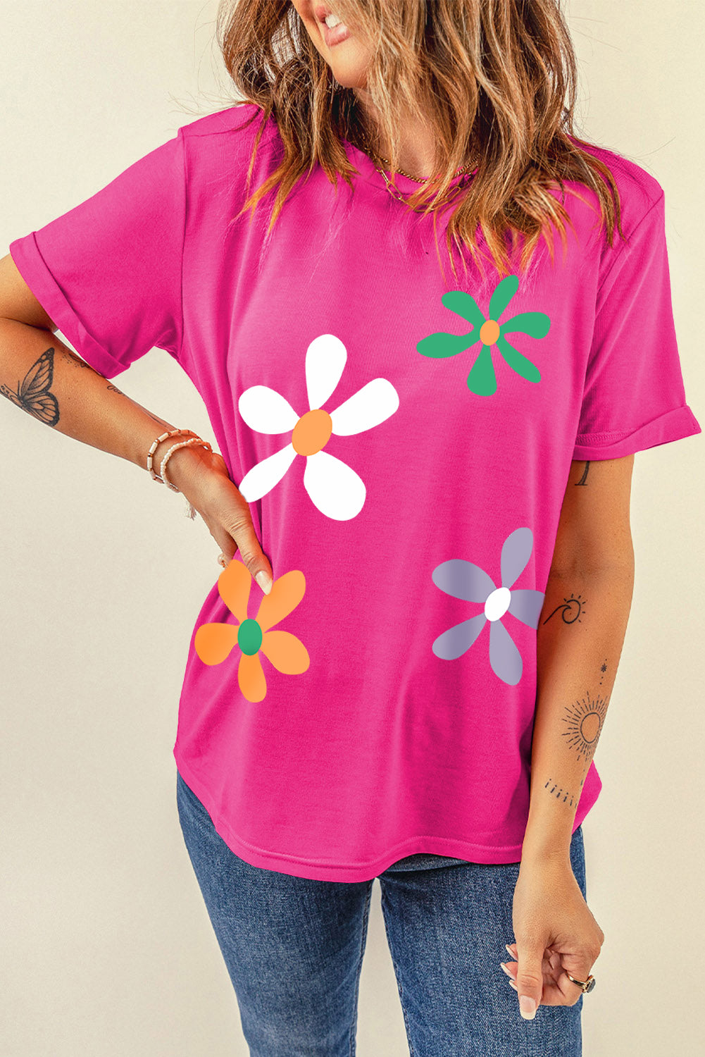 Flower Round Neck Short Sleeve T-Shirt - Fashion Finder Hub