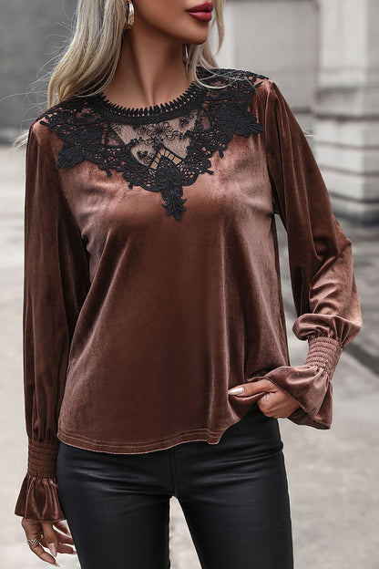Lace Detail Round Neck Smocked Flounce Sleeve Blouse - Fashion Finder Hub