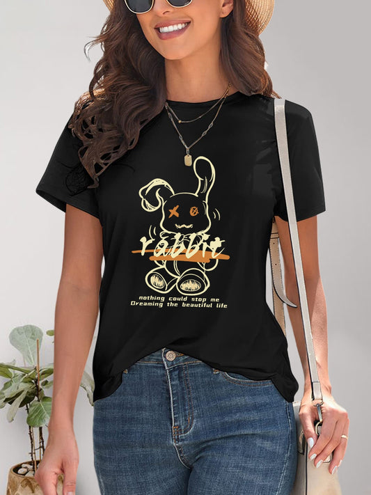 Rabbit Graphic Round Neck Short Sleeve T-Shirt - Fashion Finder Hub