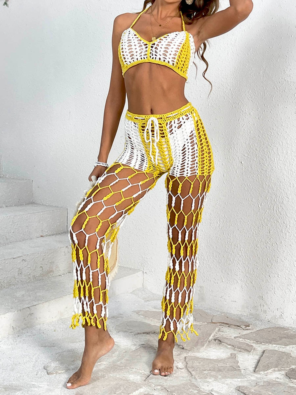 Cutout Halter Neck Top and Pants Two-Piece Swim Set