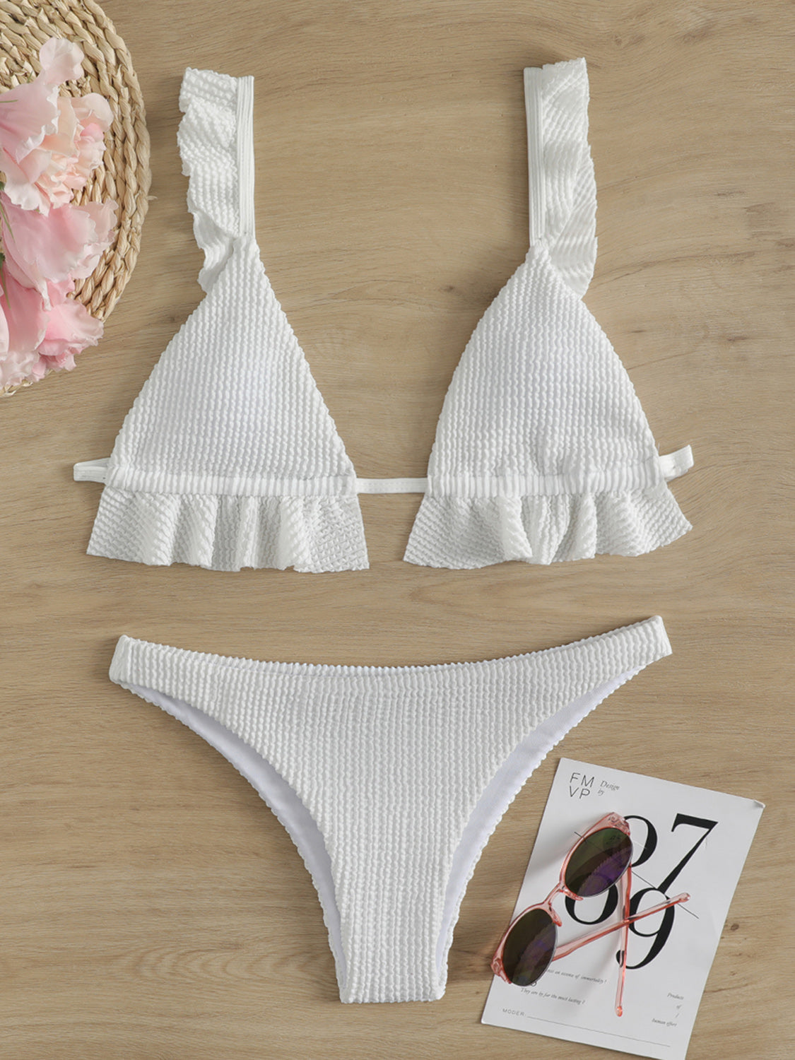 Ruffled Textured Wide Strap Two-Piece Bikini Set