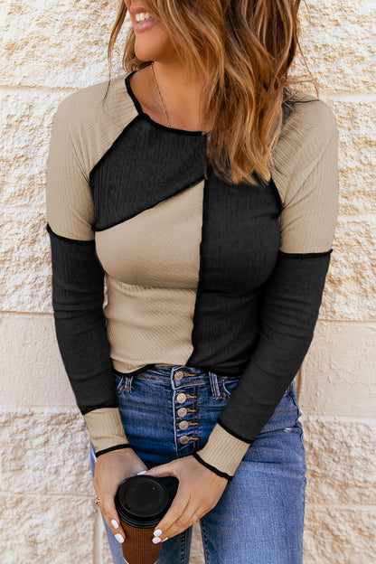 Color Block Round Neck Long Sleeve T-Shirt - Fashion Finder Hub
