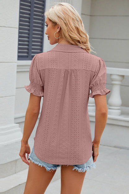 Eyelet Johnny Collar Short Sleeve Blouse - Fashion Finder Hub
