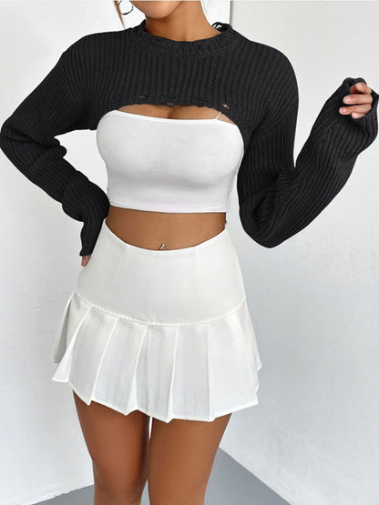 Distressed Long Sleeve Cropped Sweater - Fashion Finder Hub