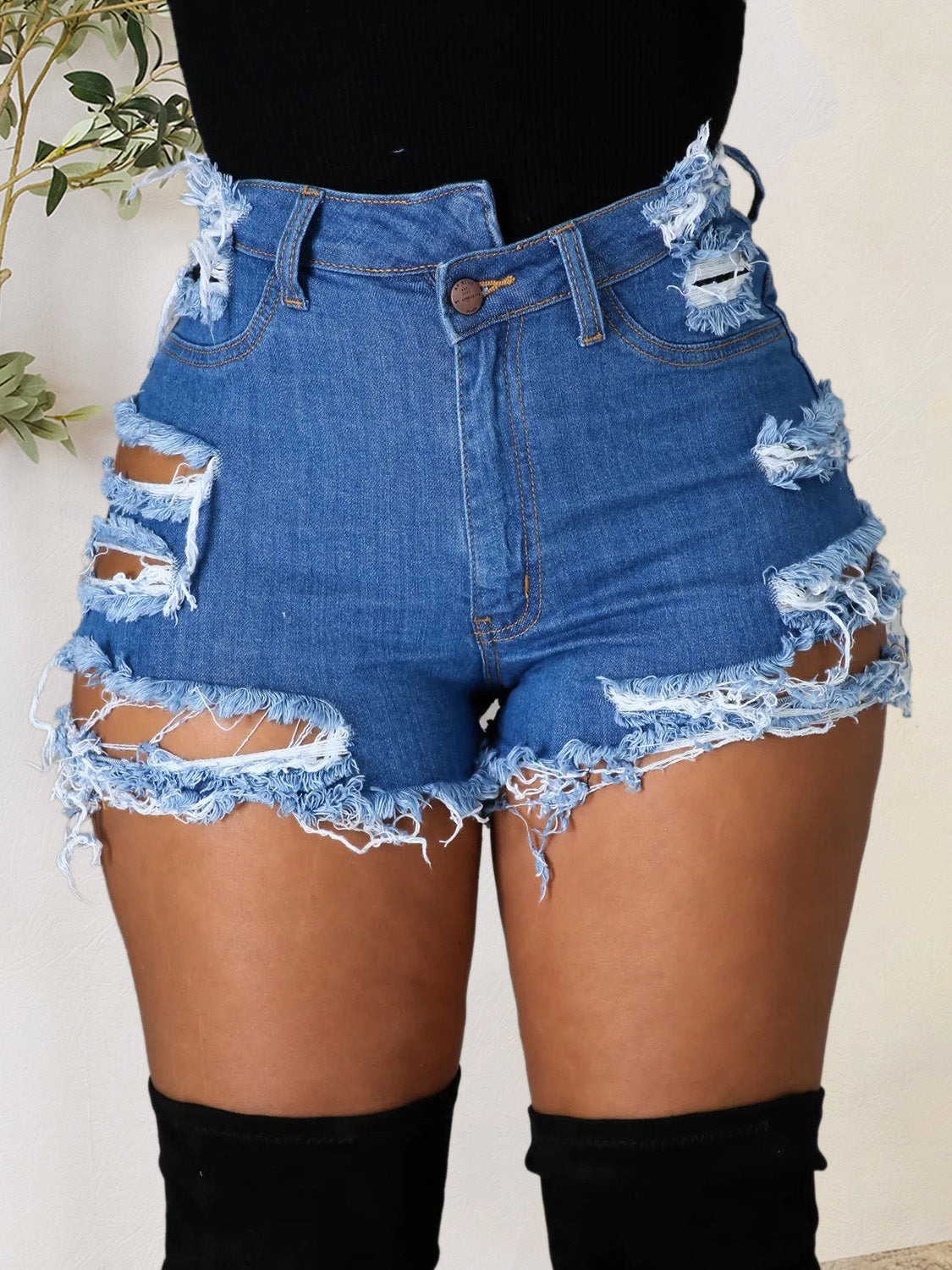Distressed Raw Hem Denim Shorts with Pockets - Fashion Finder Hub
