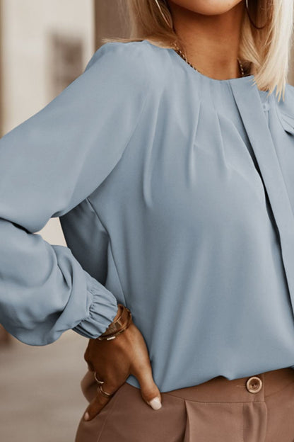 Button Up Round Neck Long Sleeve Shirt - Fashion Finder Hub