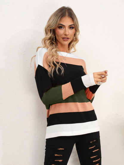 Striped Round Neck Dropped Shoulder Sweater - Fashion Finder Hub